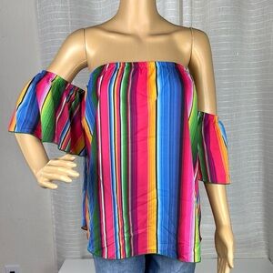 Be Frida, Beautiful Colorful As Mexico Striped Off-Shoulder Top, 2X